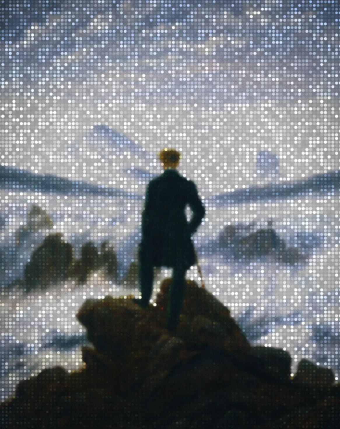 A strategist standing above a city, rendered in a cool halftone treatment
